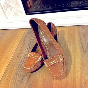 Suede cognac heeled loafers by Franco Sarto